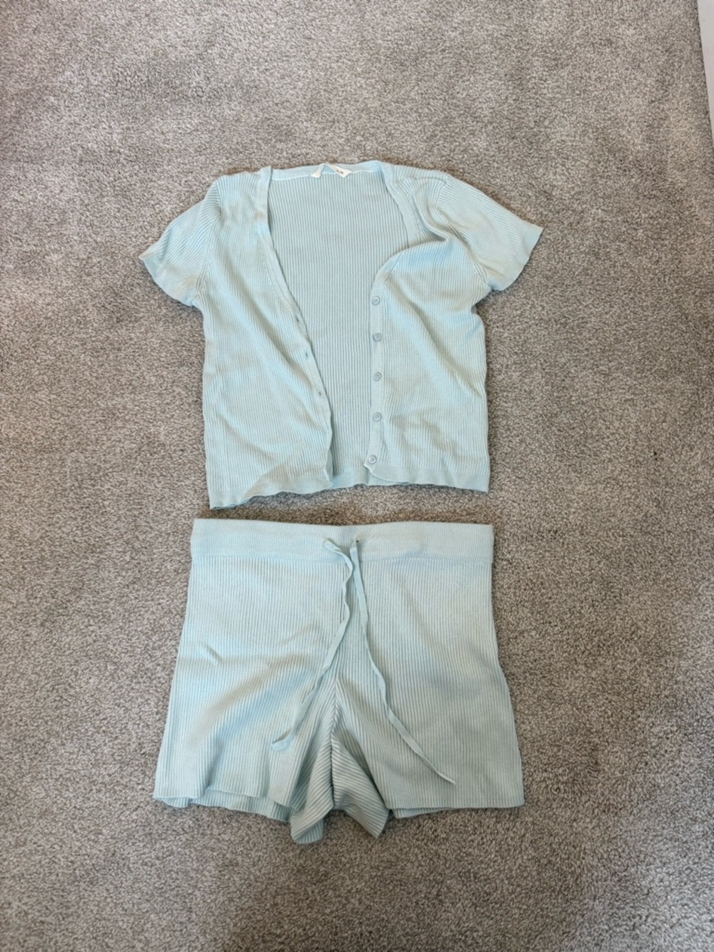 Ribbed Short Button Cardigan & Drawstring Shorts Vacation Set - Light Blue